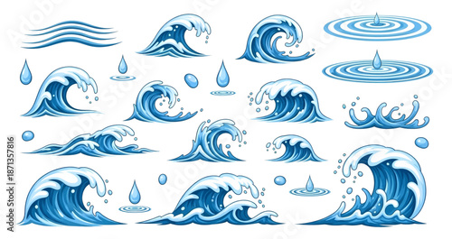 Cartoon blue water waves drops and ripples collection.