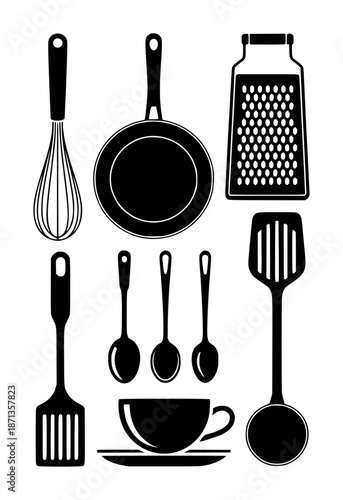 Collection of black kitchen utensils including whisk spatula grater spoons and frying pan 1