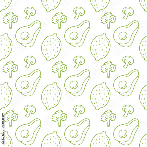 Cute Seamless Pattern with Hand Drawn Healthy Food in Minimal Doodle Style