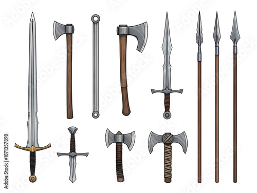 Detailed collection of medieval fantasy weapons featuring various swords battle axes and long spears ready for combat.