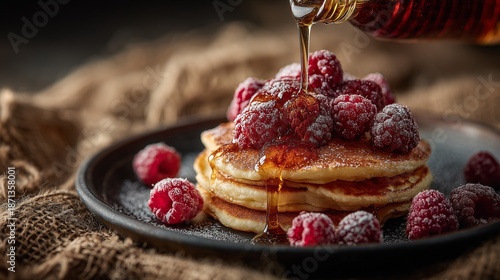 A hyperrealistic, inviting close-up photograph capturing a stack of fluffy golden pancakes on a sleek black ceramic plate 