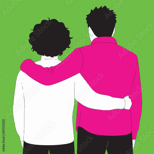 Two people with arms around each other against a green background black hair white shirt