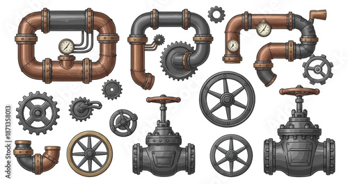 Steampunk Industrial Pipes Valves and Gears Collection with Rusty Metal Textures.