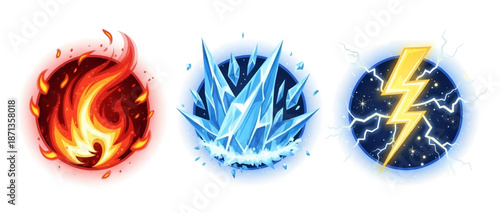 Vibrant Elemental Power Icons: Fire Ice and Lightning Symbols.