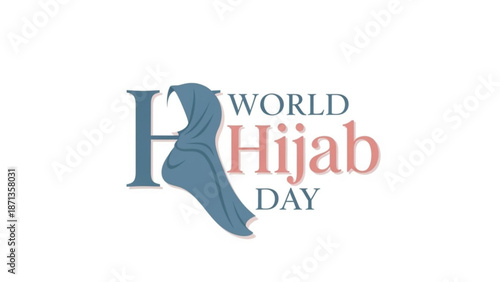 World hijab day celebration logo with a woman wearing a hijab in blue and pink colors on white background