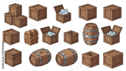 Various wooden crates and barrels some open with white contents for storage and transport.