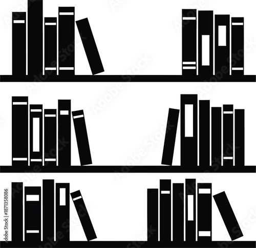 Black silhouette icon illustration of three tiered bookshelves filled with various books