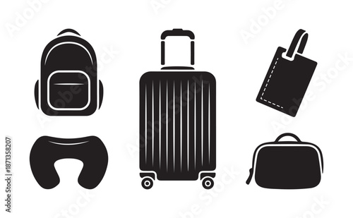 travel essentials silhouette object of backpack, suitcase, luggage tag, neck pillow