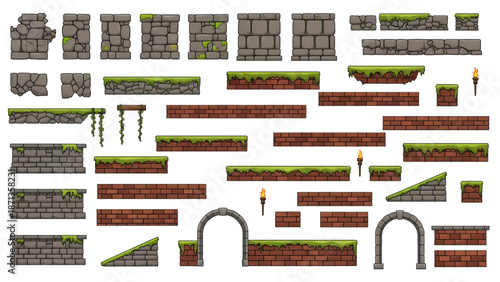 Retro pixel art game assets: stone walls brick platforms mossy ground arches torches for 2D level design.