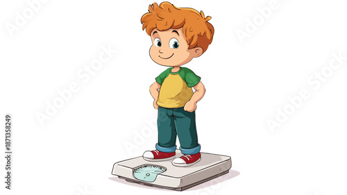 Smart Boy on Weight Scales Cartoon Vector Illustration with Outline Isolated