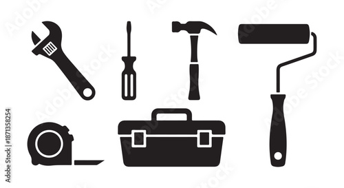Home maintenance tools silhouette set of wrench, screwdriver, hammer, paint Roller, toolbox 