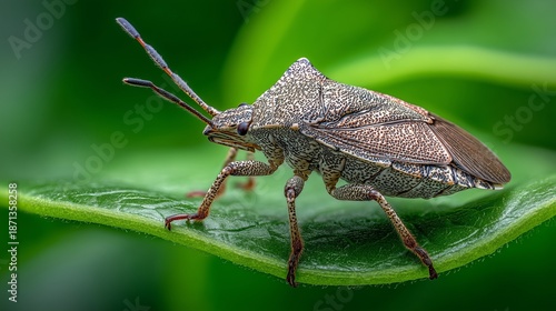 A hyper-realistic, macro close-up of a brown stink bug perfectly camouflaged on a vibrant green leaf.