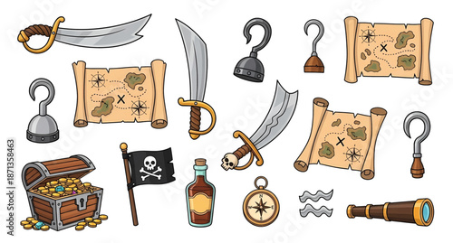 Colorful Pirate Adventure Elements Collection with Treasure and Tools.