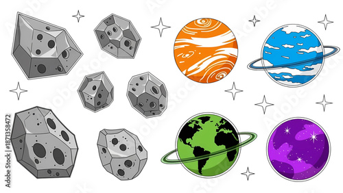 Colorful Cartoon Planets and Grey Asteroids Collection with Rings Space Illustration.