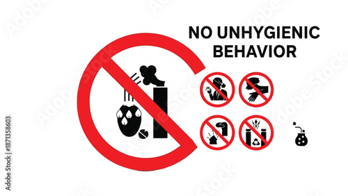 Graphic collection of prohibition signs illustrating various actions deemed unhygienic or unsafe for environmental and personal health regulations