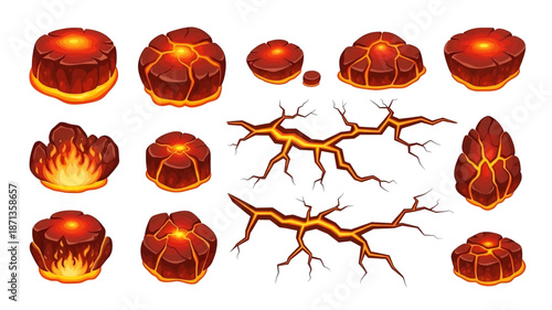 Cartoon Lava Rocks Fiery Mounds and Cracked Earth Elements Set.