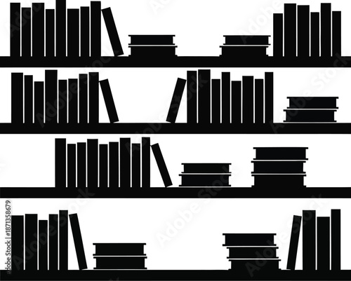 A minimalist black silhouette illustration of a bookshelf filled with books on four shelves