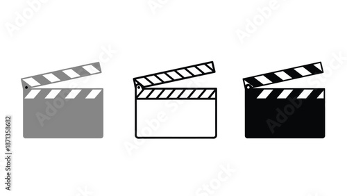Three film clapboards in different colors on a white background