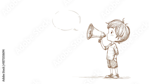 Young Boy Communicating Effectively with Megaphone, Isolated on White Background