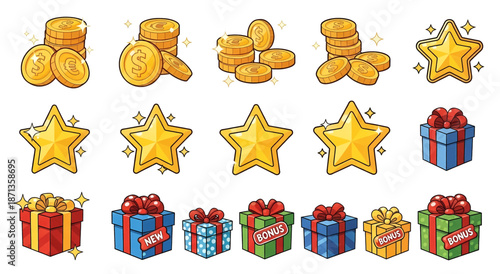 Cartoon Golden Coins Shiny Stars and Colorful Gift Boxes Collection.