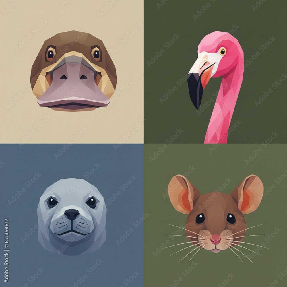 Obraz premium Faceted geometric heads of a duck, pink flamingo, seal, and field mouse use a soft color palette to highlight each species' unique features.
