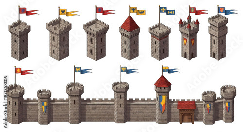Cartoon medieval castle towers and walls with flags fantasy game assets.