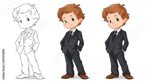Professional Business Suit Cartoon Vector Image of Boy with Outline Isolated