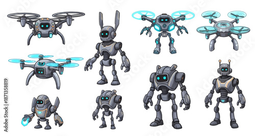 Cartoon robots and drones set with futuristic designs and glowing elements.
