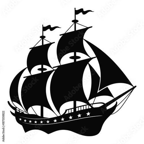 Classic sailing vessel silhouette with full sails billowing in wind presenting timeless image of maritime adventure and exploration against transparent backdrop