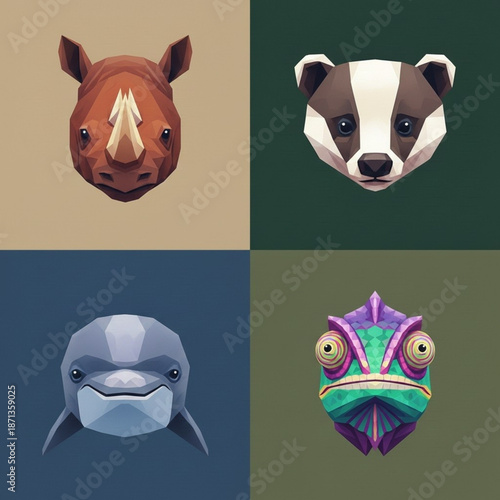 Geometric portraits of a rhinoceros, badger, and dolphin in muted tones contrast with a chameleon’s vibrant green and purple hues.