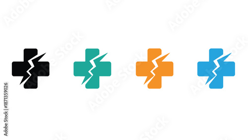 A set of colorful medical cross logos with a broken line design