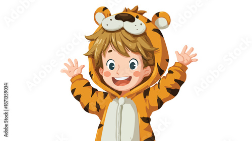 Playful Boy in Tiger Costume Waving - Vector Illustration with Outline Isolated