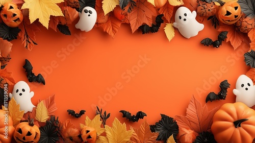 A hyperrealistic, vibrant flat lay Halloween-themed background or frame. The central area is a clean, solid orange color, providing a space for text or other elements. 