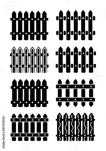 Collection of black silhouette fence a white picket wood