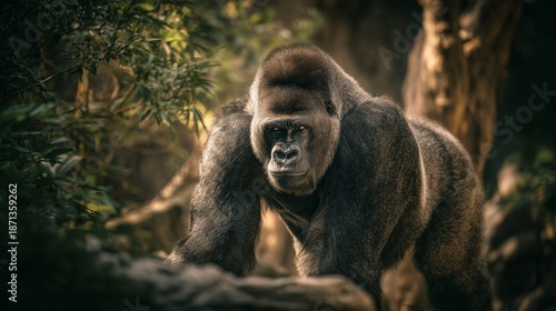 A hyperrealistic, striking photograph of a powerful adult silverback gorilla in its naturalistic habitat within a well-designed 