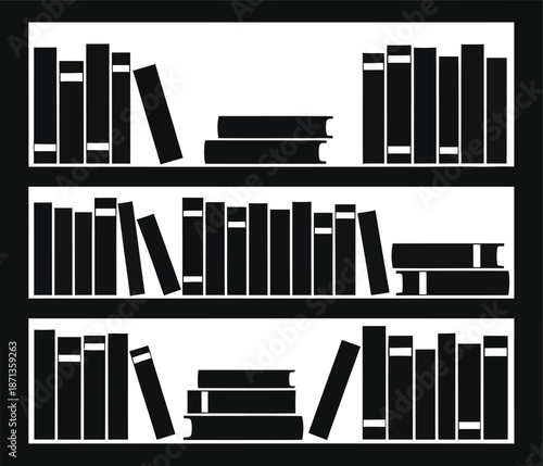 A minimalist black and white icon showing a full bookshelf with books neatly organized on three tiers