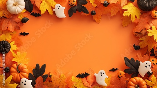 A hyperrealistic, vibrant flat lay Halloween-themed background or frame. The central area is a clean, solid orange color, providing a space for text or other elements. 