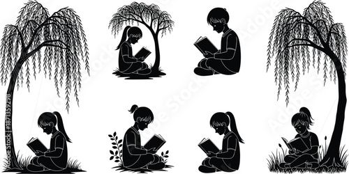   
Silhouette children reading under willow trees, black vector illustration, peaceful nature learning, calm outdoor education, contemplative concept art