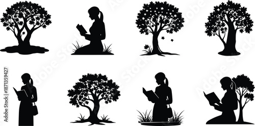 Silhouette reading and tree scenes, black vector illustration, peaceful nature learning, outdoor education harmony, contemplative concept art design