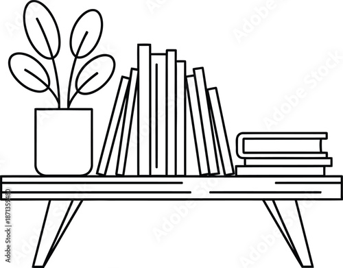 A minimalist black and white line art illustration of books and a plant on a shelf