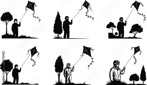 Silhouette people flying kites near trees, black vector illustration, outdoor recreation, nature activity, motion and seasonal concept art design
