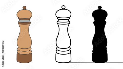 Three pepper mills in different colors on a white background