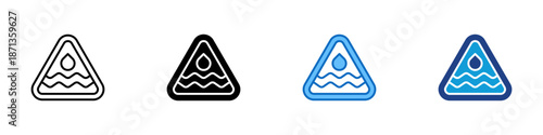 Flood Warning Multiple Style Icon Design Vector - Warning sign with water level symbol indicating flood risk and emergency alert