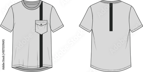 Men's fashion technical sketch of a short sleeve crew neck t-shirt with pocket detail and contrast tape vector apparel template