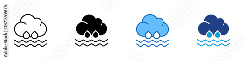 Rain Flood Multiple Style Icon Design Vector - Heavy rain with rising water symbolizing flood risk caused by extreme rainfall