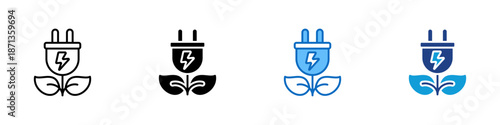 Renewable Energy Multiple Style Icon Design Vector - Renewable power symbol with plug and leaf representing clean energy sources and sustainable electricity