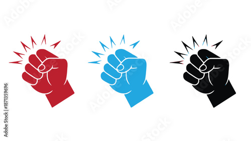 Three clenched fists in red, blue, and black with lightning bolts