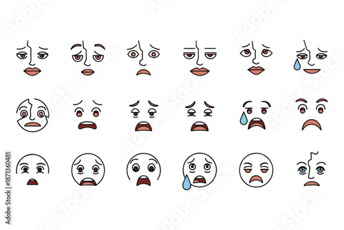 Sad emotional faces illustration set with crying worried and depressed expressions