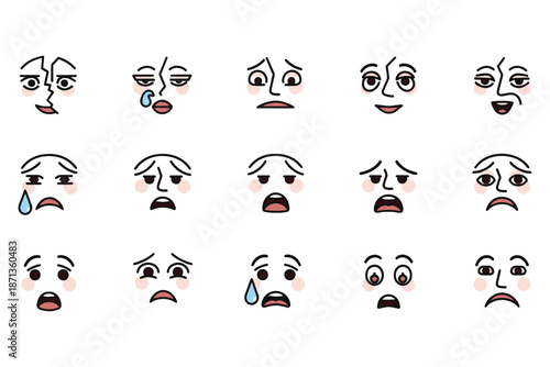 Cartoon emotional face icons with sad crying worried and confused reactions