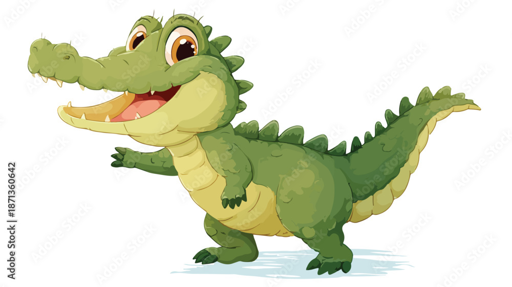 Fototapeta premium Cheerful Cartoon Cute Baby Crocodile Waving on White Vector with Outline